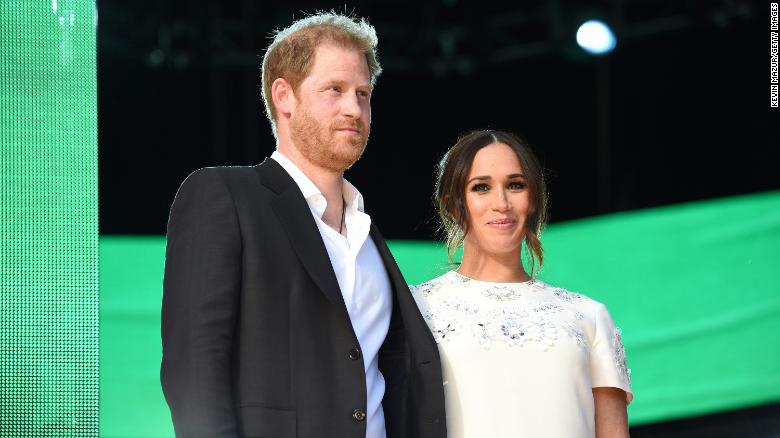 Prince Harry, Duke of Sussex, and Meghan, Duchess of Sussex, speak onstage during Global Citizen Live, New York, on September 25, 2021 in New York City. 