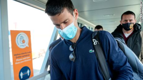 Novak Djokovic is pictured after landing in Belgrade, Serbia, on Monday 17 January.