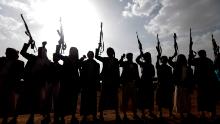 TOPSHOT - Yemen&#39;s Shiite Huthi rebels shout slogans during a gathering to mobilise more fighters to battlefronts to fight pro-government forces, on June 18, 2017, in the Yemeni capital Sanaa. / AFP PHOTO / MOHAMMED HUWAIS        (Photo credit should read MOHAMMED HUWAIS/AFP via Getty Images)