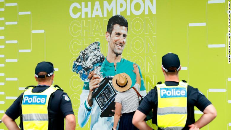 Djokovic, last year&#39;s Australian Open champion, is displayed on a banner in Melbourne during this year&#39;s tournament. 