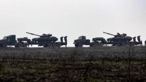 Ukrainian tanks are transported towards to the Luhansk region, Ukraine, Dec. 12, 2021. 