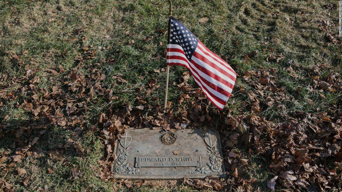 The gravestone for Edward White is seen at Rolling Green Memorial Park in West Chester, Pennsylvania on Tuesday, January 11, 2022. 