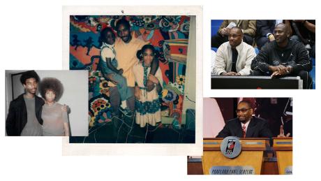 From left clockwise: Larry Miller and his sister Florence in 1970; Miller is visited by his daughter Laila and niece Tamara at Graterford State Penitentiary in 1977; Miller sits courtside with basketball legend Michael Jordan at the &quot;Jordan Classic&quot; in Paris, France, in 2006.; Miller, then-president of the Portland Trail Blazers, attends the NBA Draft Lottery in Secaucus, New Jersey, in 2008. (Courtesy Pearl Jackson/Getty Images)