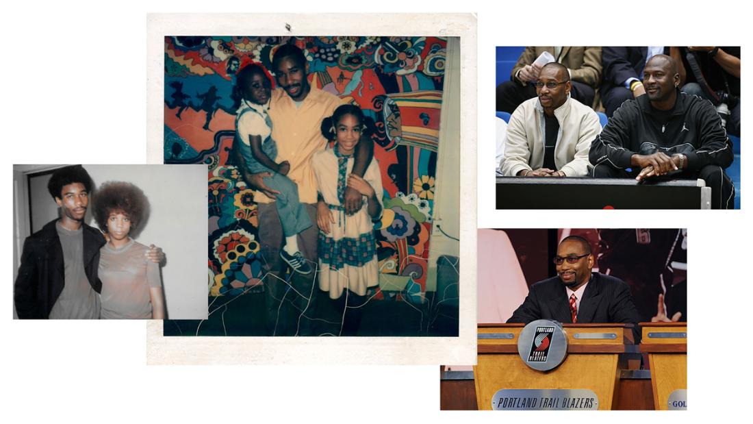 From left clockwise: Larry Miller and his sister Florence in 1970; Miller is visited by his daughter Laila and niece Tamara at Graterford State Penitentiary in 1977; Miller sits courtside with basketball legend Michael Jordan at the "Jordan Classic" in Paris, France, in 2006.; Miller, then-president of the Portland Trail Blazers, attends the NBA Draft Lottery in Secaucus, New Jersey, in 2008. (Courtesy Pearl Jackson/Getty Images)