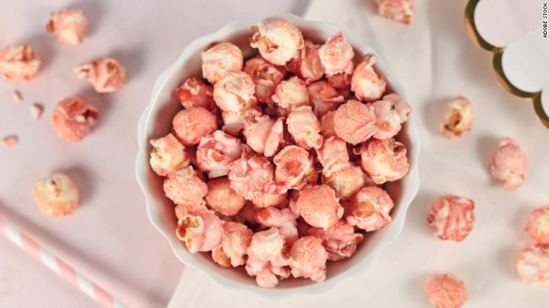 Pulverized freeze-dried strawberries give popcorn a pretty pink hue.