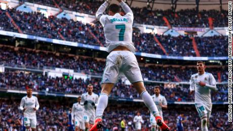 Cristiano Ronaldo performing his famous 'Siu' celebration, which he started while at Real Madrid.