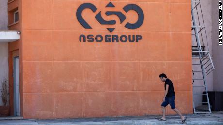 A logo adorns a wall on a branch of the Israeli NSO Group company, near the southern Israeli town of Sapir, on August 24, 2021.