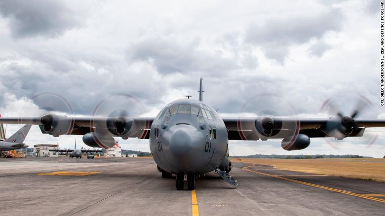 A Royal New Zealand Air Force C-130 Hercules prepares to leaves an airbase in Auckland, carrying aid to Tonga, on January 20, 2022.