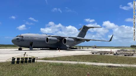 A Royal Australian Air Force C-17A Globemaster III aircraft delivers the first load of Australian aid to Tonga on January 20, 2022.