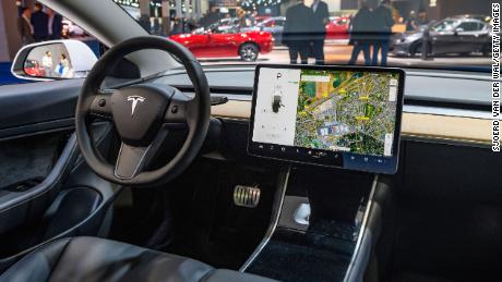 BRUSSELS, BELGIUM - JANUARY 09: Tesla Model 3 compact full electric car interior with a large touch screen on the dashboard on display at Brussels Expo on January 9, 2020 in Brussels, Belgium. The Model 3 is fitted with a full self-driving system. (Photo by Sjoerd van der Wal/Getty Images)
