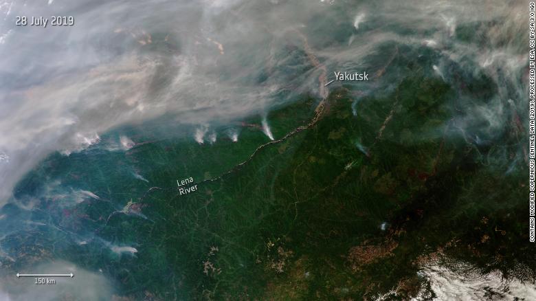 This image from a Copernicus Sentinel-3 satellite shows plumes of smoke from a number of wildfires. Hundreds of wildfires broke out in Siberia in July 2019, caused by record-breaking temperatures and lightning, and affecting millions of hectares of land, according to the European Space Agency. Wildfires release pollutants and greenhouse gases into the atmosphere.
