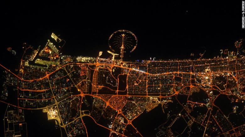Pesquet took this photograph of Dubai, United Arab Emirates, at night. It was taken around 400 kilometers above the Earth, using the longest lenses on board the ISS.<br />