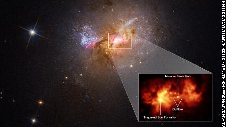 Детальный взгляд на центр галактики показывает газовую пуповину длиной 230 световых лет, соединяющую черную дыру галактики и область звездообразования. 