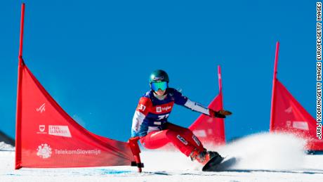 Patrizia Kummer of Switzerland competes during the women&#39;s Parallel Slalom qualification at the FIS Snowboard Alpine World Championships on March 2, 2021 in Rogla, Slovenia.