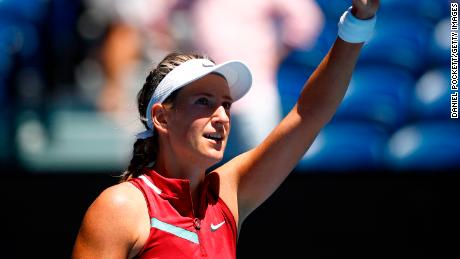 Azarenka celebrates her victory in the third round in the singles match against Elina Svitolina.