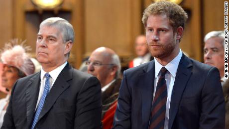 LONDON, ENGLAND - JUNE 10: Prince Andrew, Duke of York and Prince Harry during a reception at the Guildhall following the National Service of Thanksgiving for Queen Elizabeth II&#39;s 90th birthday at St Paul&#39;s Cathedral on June 10, 2016 in London, United Kingdom. (Photo by  Hannah McKay/WPA Pool/Getty Images)