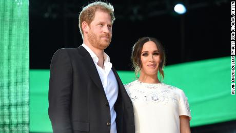 Prince Harry, Duke of Sussex, and Meghan, Duchess of Sussex, speak onstage during Global Citizen Live, New York, on September 25, 2021 in New York City.