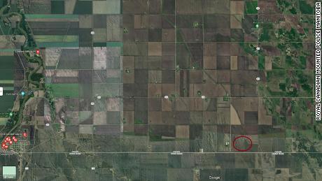 An image released by the Royal Canadian Mounted Police shows a red circle around the area near the border where the victims&#39; remains were found. 