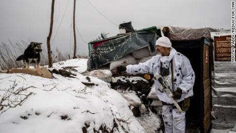 Ukrainian soldiers are seen at a defensive trench position on the front line, 500 yards from separatists&#39; positions, on January 21, 2022, in Ukraine&#39;s eastern Luhansk region.