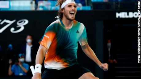 Tsitsipas celebrated victory in his third round singles match against Pyr.
