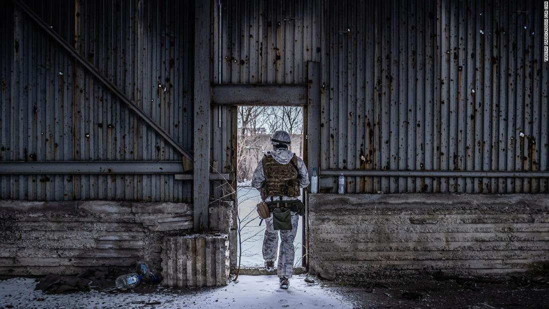 A Ukrainian soldier walks through a destroyed industrial zone in Avdiivka that, in some areas, is only 50 meters (about 55 yards) from the separatist trenches.