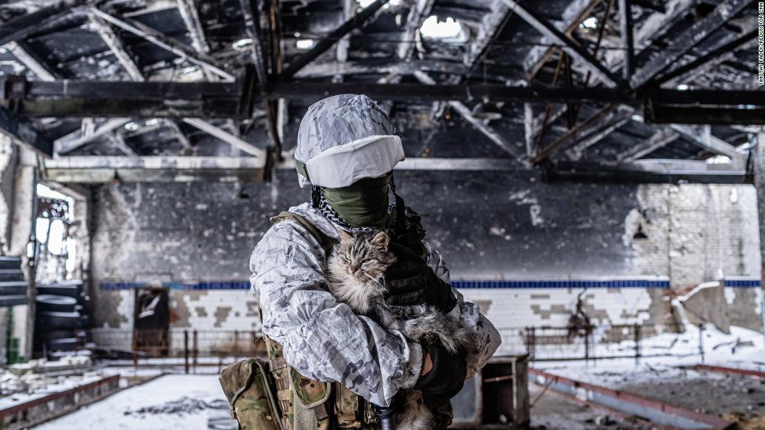 A Ukrainian soldier holds a cat in Avdiivka.