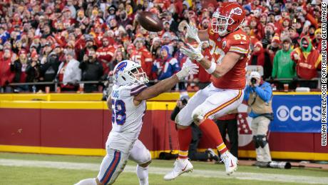 Travis Kelce catches for the game-winning touchdown against the Buffalo Bills to win the AFC Divisional Round playoff game in overtime.