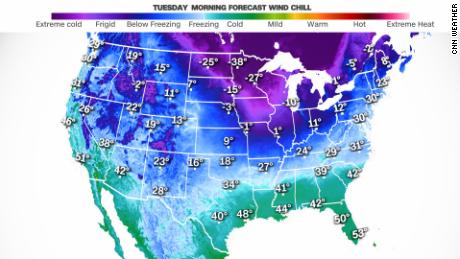 The forecast wind chill temperature (also known as 