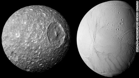 土星の小さな衛星であるミマス（左）は、より大きな隣人のエンセラドゥス（右）と共通点があるようです。 まさに厚い氷の表面の下の内部の海です。 