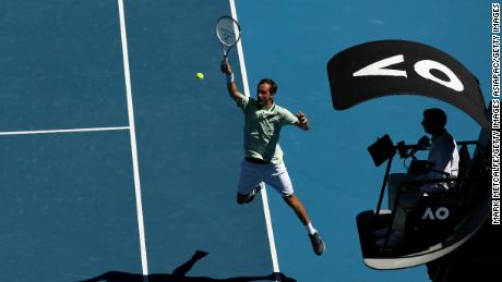 Daniil Medvedev of Russia plays a shot during his fourth round singles match against Maxime Cressy of the United States during day eight of the 2022 Australian Open.