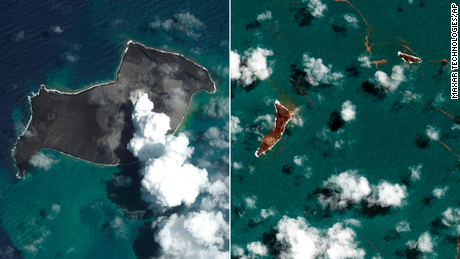 (From left) Satellite images from January 6 and January 18 show the volcanic eruption&#39;s impact near Tonga.