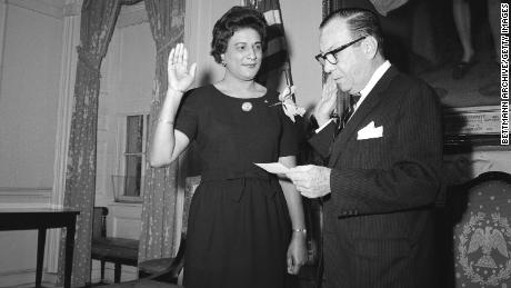 New York State Senate member-designate Constance Baker Motley is sworn into office by Mayor Robert Wagner, February 7, 1964.