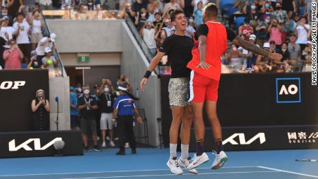 Kokinakis (L) and Kyrgios celebrate after defeating Puetz and Venus.