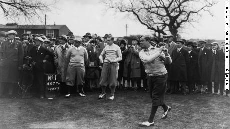 Hagen in actie tijdens de Ryder Cup in Moortown, Leeds in april 1929.