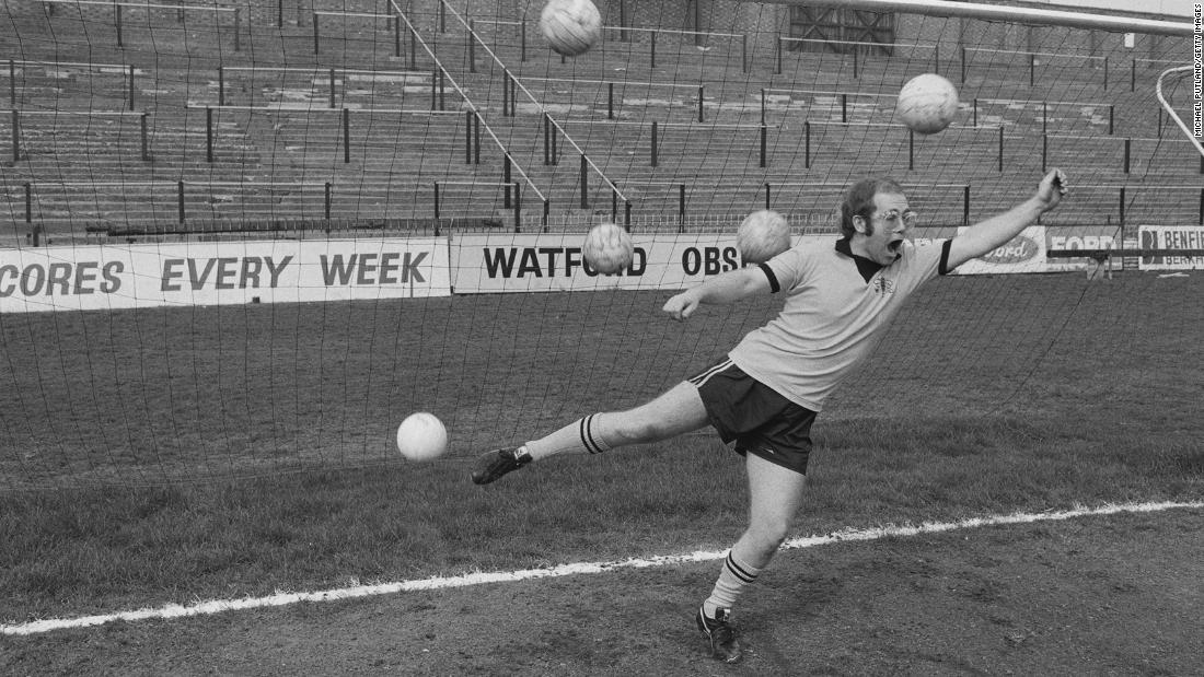 John is overwhelmed by multiple shots on goal while playing around at Watford&#39;s stadium in 1974.