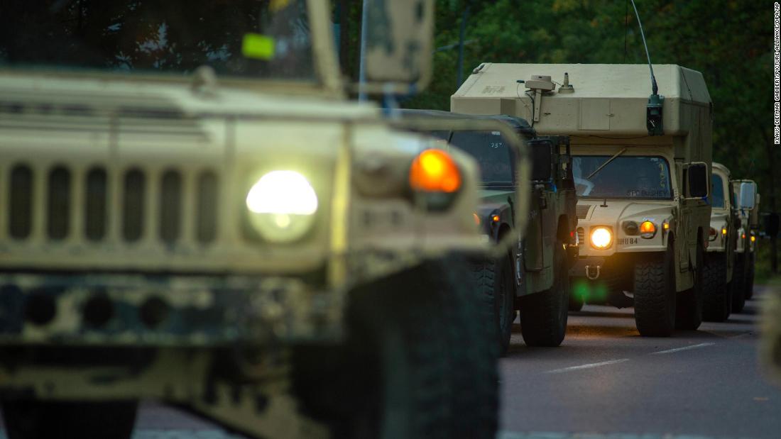 US Army vehicles during a 2019 NATO operation. Western troops are stationed in various Eastern European countries.