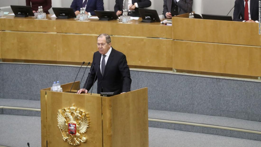 Министр иностранных дел России Сергей Лавров во время выступления в Государственной Думе в среду.