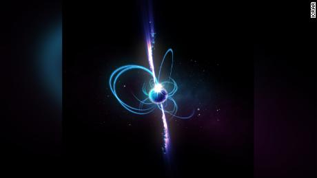 Tai menininko įspūdis, kaip objektas galėtų atrodyti, jei tai būtų magnetaras arba neįtikėtinai magnetinė neutroninė žvaigždė.