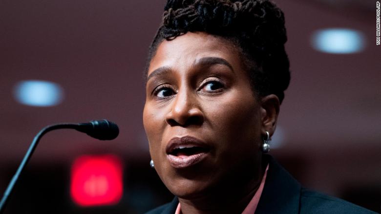 Candace Jackson-Akiwumi testifies before a Senate Judiciary Committee hearing on pending judicial nominations on April 28, 2021.