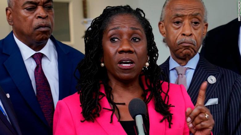 Sherrilyn Ifill, of the NAACP Legal Defense Fund, speaks with reporters outside the White House on July 8, 2021.