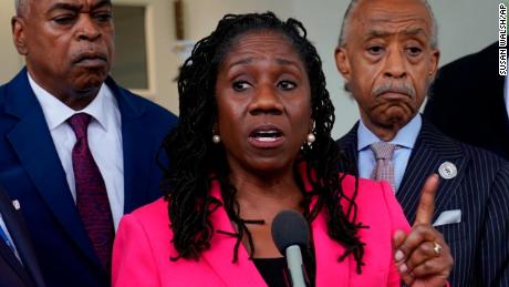 Sherrilyn Ifill, of the NAACP Legal Defense Fund, speaks with reporters outside the White House on July 8, 2021.