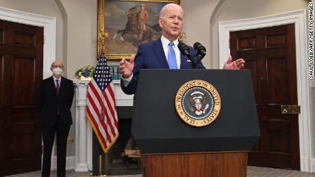 US President Joe Biden, with retiring US Supreme Court Justice Stephen Breyer, speaks in the Roosevelt Room of the White House in Washington, DC, on January 27, 2022. 