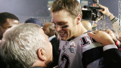 Brady celebrates with Kraft after defeating the Philadelphia Eagles in Super Bowl XXXIX in 2005.