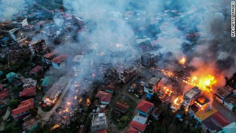 Fires blaze in Thantlang, Chin State on October 29, 2021.