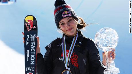 Eileen Gu after placing first in the Women&#39;s Freeski Halfpipe competition at the Toyota U.S. Grand Prix on January 8, 2022 in Mammoth, California. 
