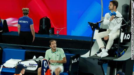 Medvedev shouts at the chair umpire during the second set. 