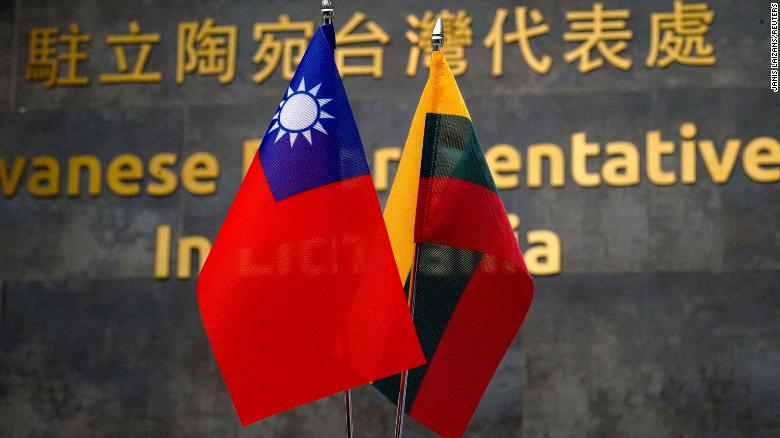 Taiwanese and Lithuanian flags pictured at the Taiwanese Representative Office in Vilnius, Lithuania on January 20.