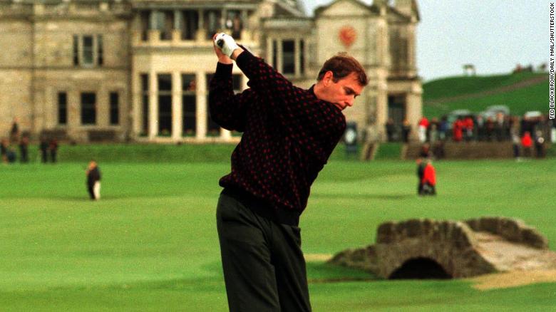 Prince Andrew swings during a round at St Andrews. 