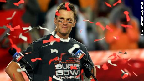 Tom Brady of the Tampa Bay Buccaneers signals after winning Super Bowl LV at Raymond James Stadium on February 07, 2021, in Tampa, Florida.