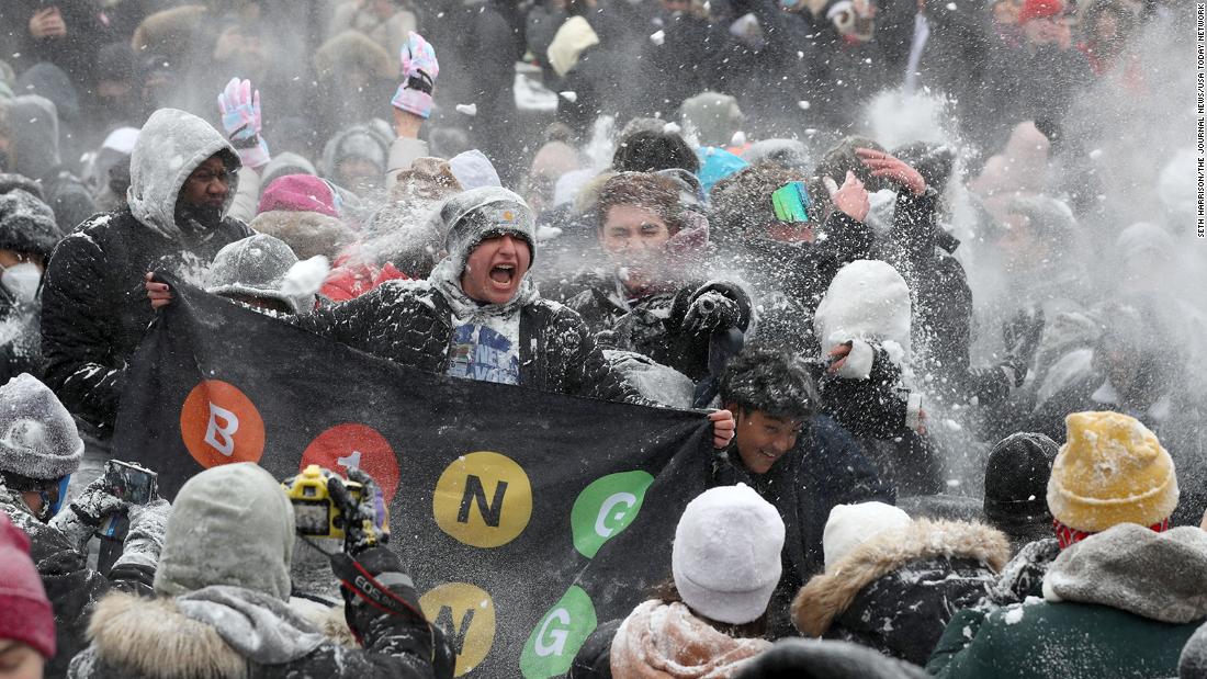 Hundreds take part in a spontaneous communal snowball fight in Washington Square Park in New York&#39;s City&#39;s Greenwich Village during a severe winter storm on Saturday, January 29.